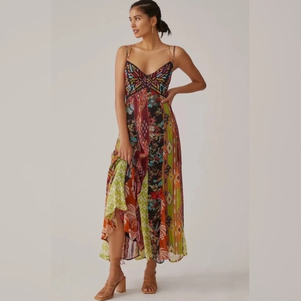 Anthropologie Multi Print V-Neck Maxi Dress - size 10